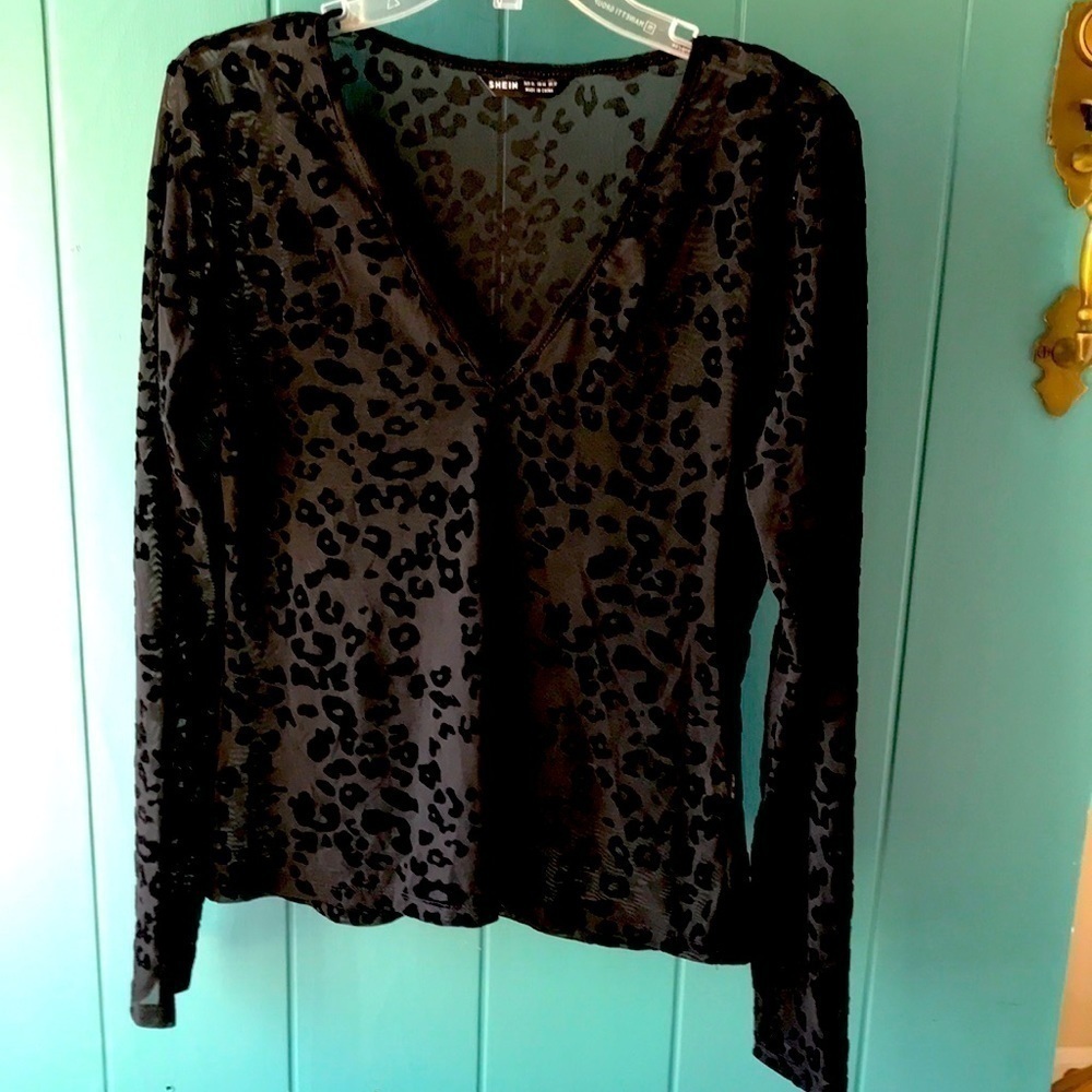 SHEIN Size XL Black Sheer Animal print top V neck Long sleeves boho festive